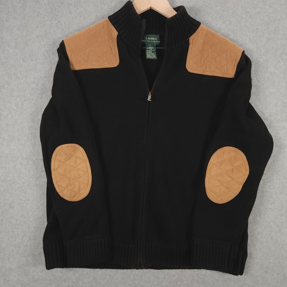 LRL Ralph Lauren Womens Large Sweater Jacket Black Zip Elbow Shoulder Patches